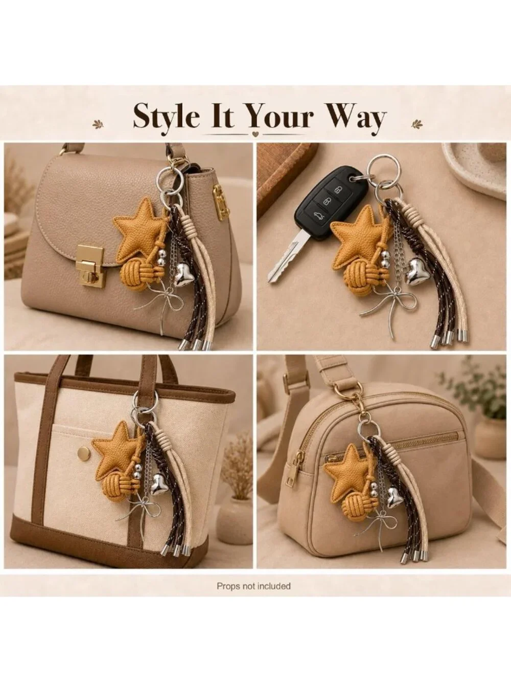 Chic 2-in-1 PU Leather Star Bag Charm Keychain with Braided Rope & Bow Accents